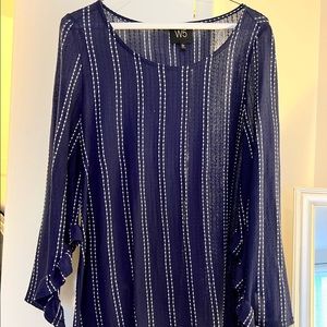 Faux Long Sleeve Navy Blouse with Ruffle Detail